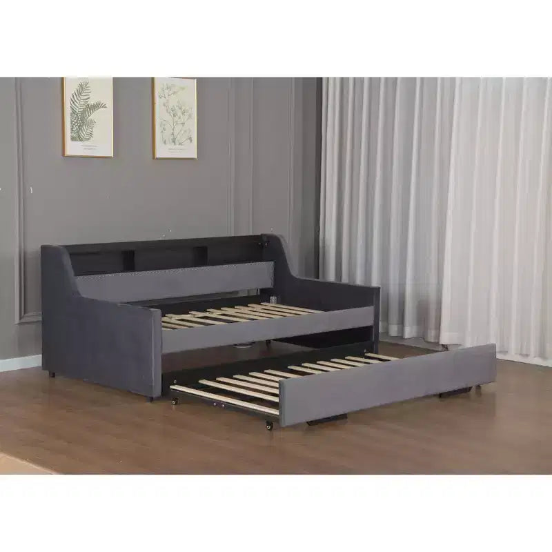 Twin Upholstered Daybed with Trundle, Storage Headboard, Charging Station & LED, Sofa Bed, Dark Grey