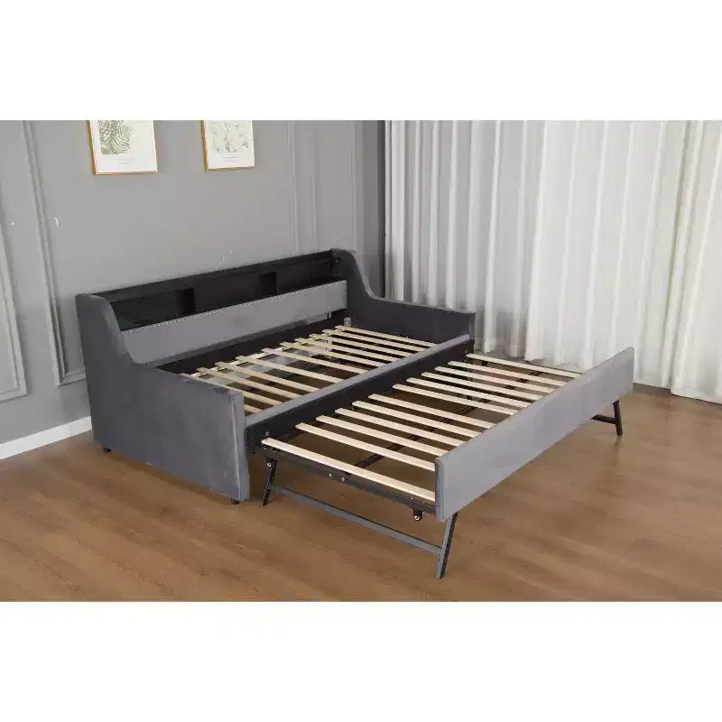 Twin Upholstered Daybed with Trundle, Storage Headboard, Charging Station & LED, Sofa Bed, Dark Grey