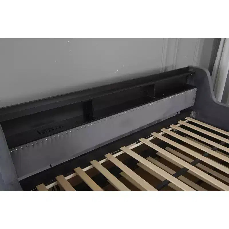 Twin Upholstered Daybed with Trundle, Storage Headboard, Charging Station & LED, Sofa Bed, Dark Grey