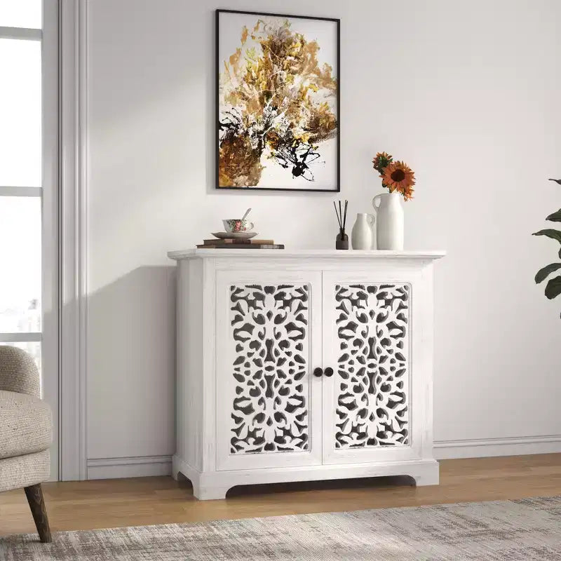 Kitchen Storage Cabinet with 2 Hollow Carved DoorsSideboard Buffet, Console Table, Accent Liquor Cabinet for Dining Room or Living Room