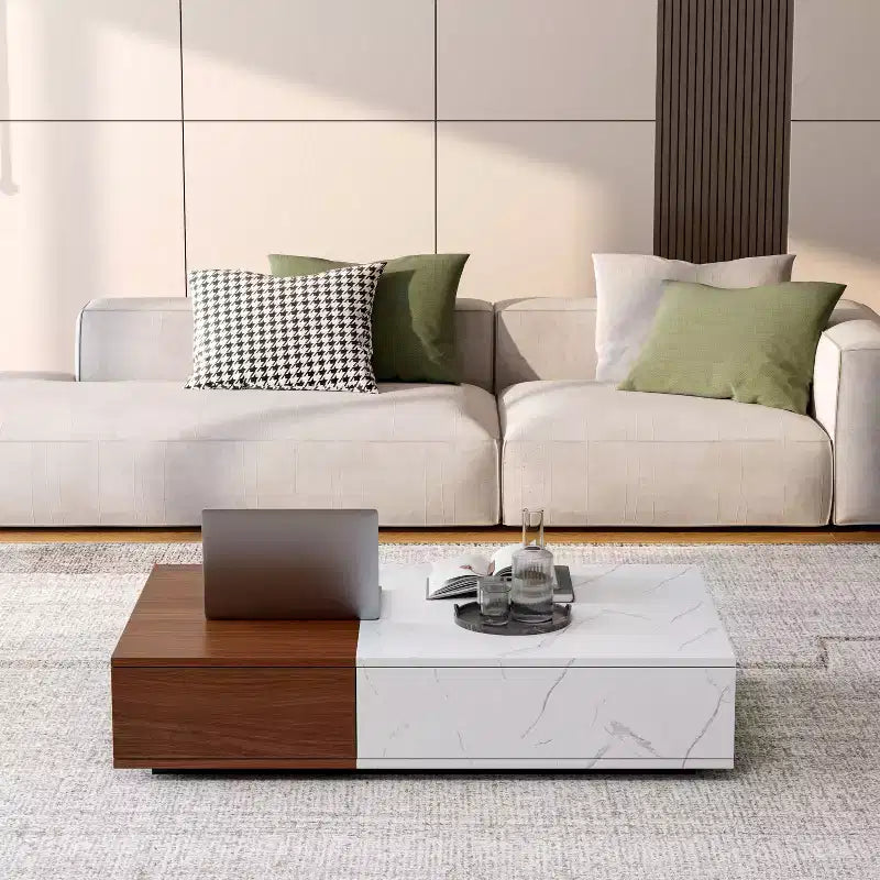2-Tone Low Coffee Table with Storage, 2-Drawer Center Table for Living Room, Rectangular Cocktail Table with Marble Pattern Design