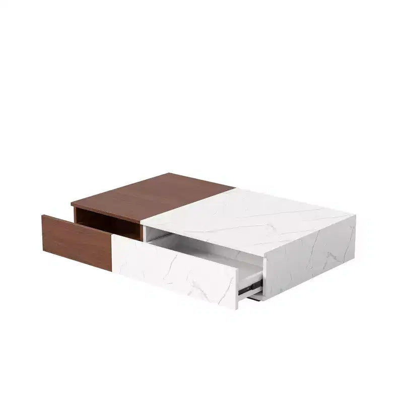 2-Tone Low Coffee Table with Storage, 2-Drawer Center Table for Living Room, Rectangular Cocktail Table with Marble Pattern Design