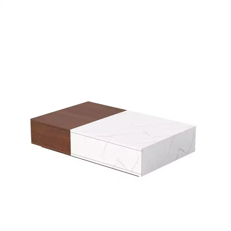 2-Tone Low Coffee Table with Storage, 2-Drawer Center Table for Living Room, Rectangular Cocktail Table with Marble Pattern Design