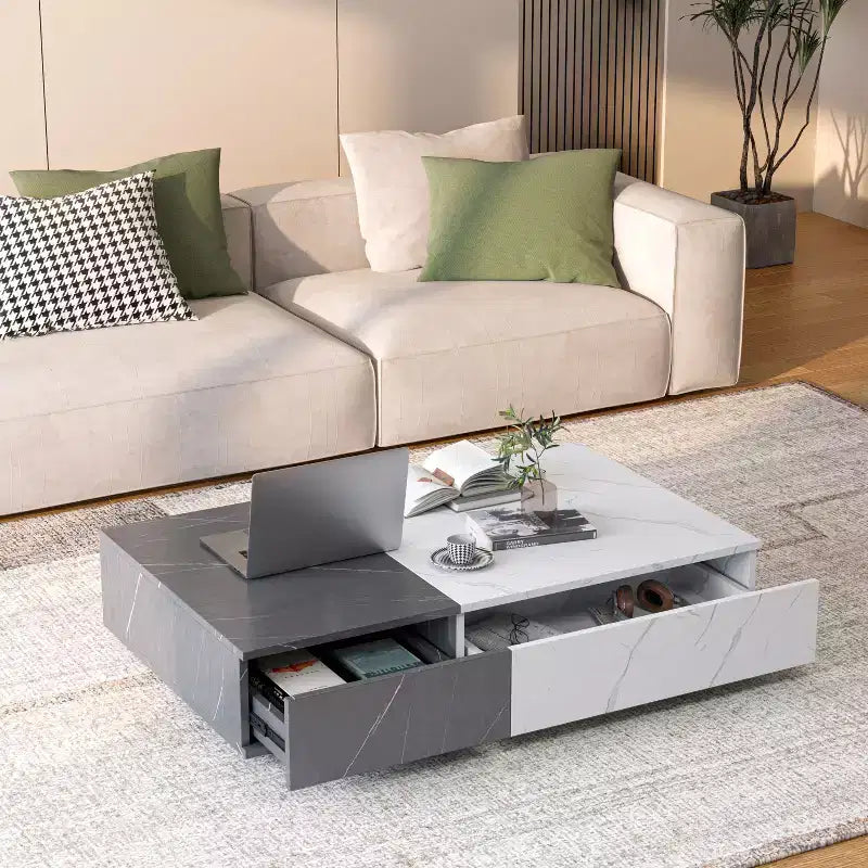 2-Tone Low Coffee Table with Storage, 2-Drawer Center Table for Living Room, Rectangular Cocktail Table with Marble Pattern Design