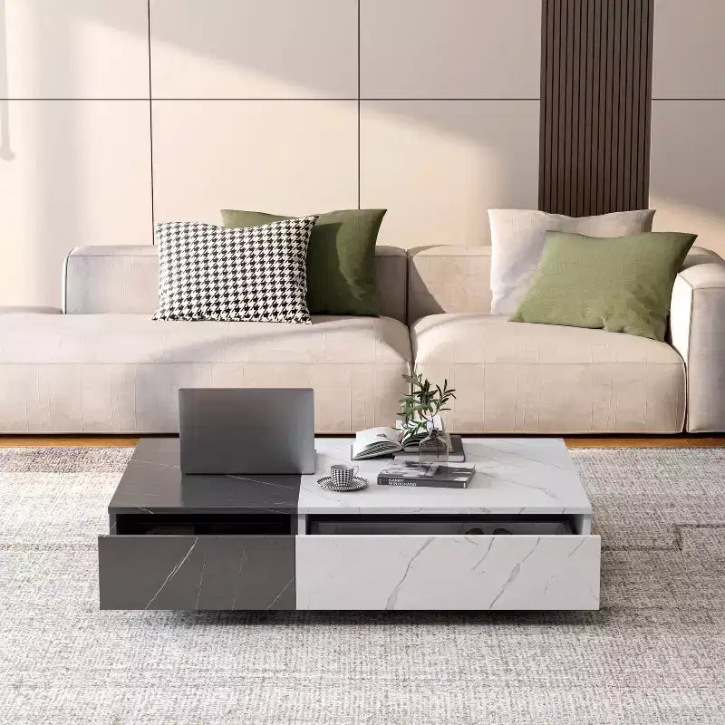 2-Tone Low Coffee Table with Storage, 2-Drawer Center Table for Living Room, Rectangular Cocktail Table with Marble Pattern Design