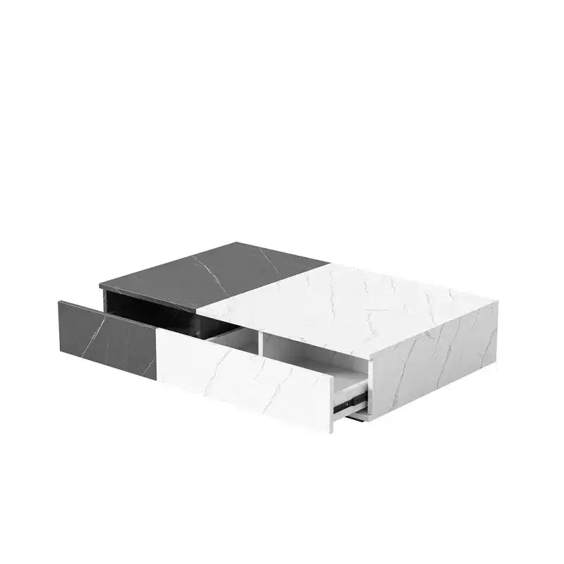 2-Tone Low Coffee Table with Storage, 2-Drawer Center Table for Living Room, Rectangular Cocktail Table with Marble Pattern Design