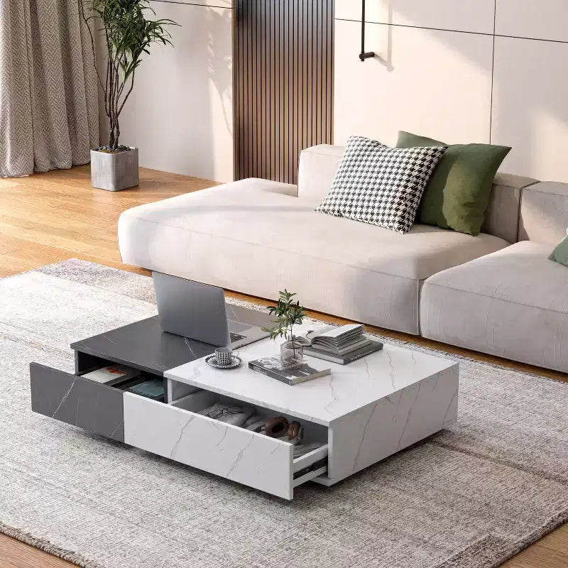 2-Tone Low Coffee Table with Storage, 2-Drawer Center Table for Living Room, Rectangular Cocktail Table with Marble Pattern Design