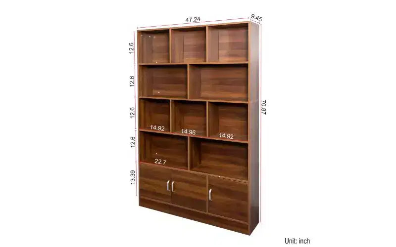 4-Tier Tall Bookshelf with 10 Cubes and 3 Doors, Open Shelf Bookcase with Storage Cabinet for Living Room, Office