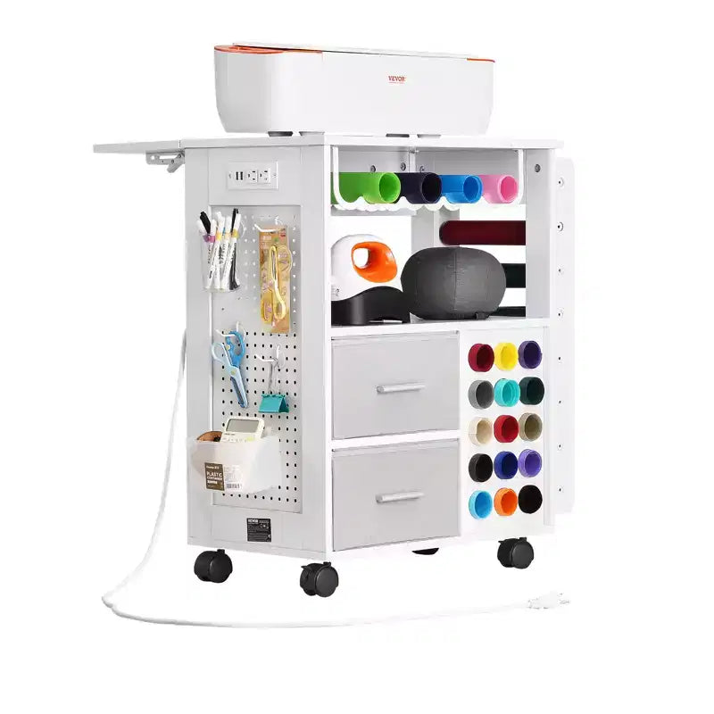 Rolling Craft Cart and Storage Table with 2 USB Ports and Outlets, Crafting Workstation, White