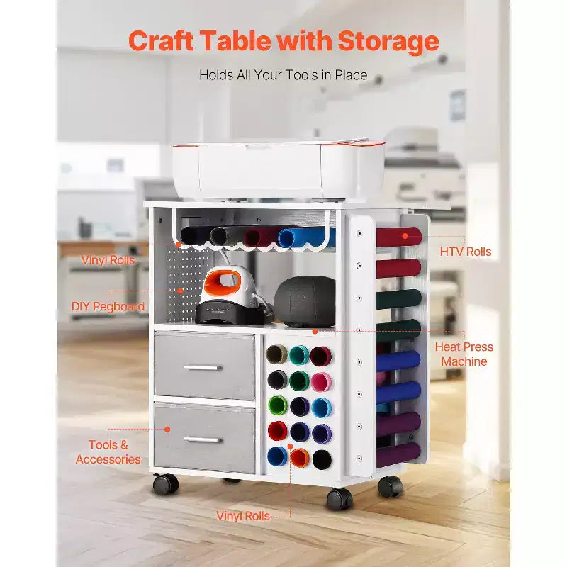 Rolling Craft Cart and Storage Table with 2 USB Ports and Outlets, Crafting Workstation, White