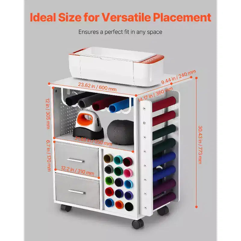 Rolling Craft Cart and Storage Table with 2 USB Ports and Outlets, Crafting Workstation, White