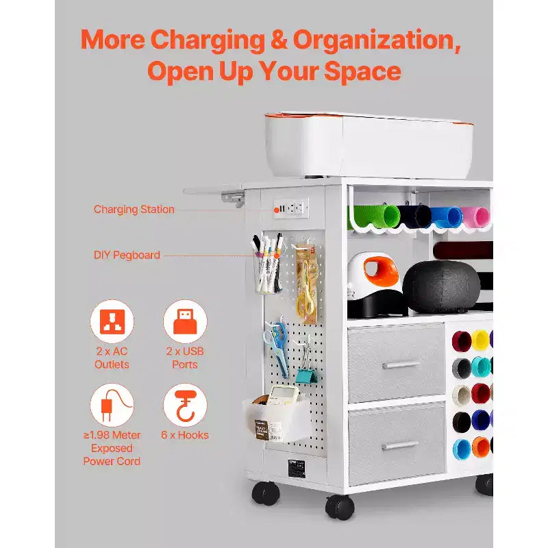 Rolling Craft Cart and Storage Table with 2 USB Ports and Outlets, Crafting Workstation, White