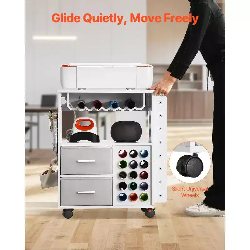Rolling Craft Cart and Storage Table with 2 USB Ports and Outlets, Crafting Workstation, White