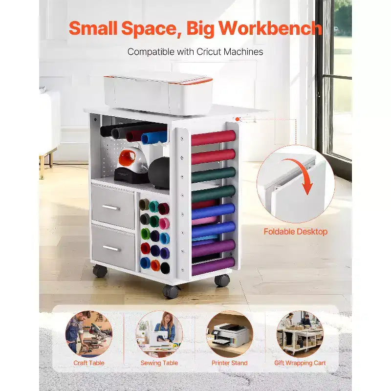 Rolling Craft Cart and Storage Table with 2 USB Ports and Outlets, Crafting Workstation, White
