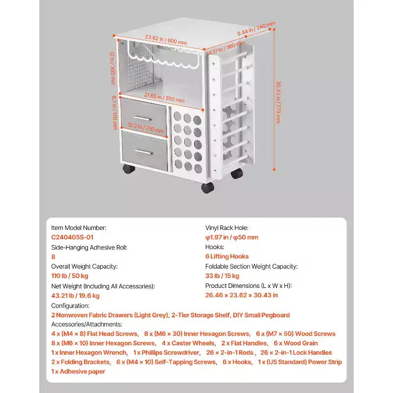 Rolling Craft Cart and Storage Table with 2 USB Ports and Outlets, Crafting Workstation, White