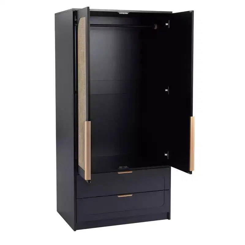 65" Black 2-Door Armoire Wardrobe with 2 Drawers, Rattan Accent & Magnetic Lock