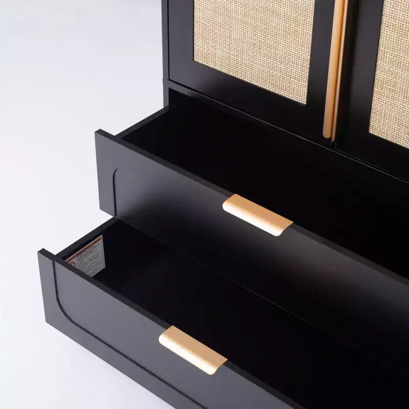 65" Black 2-Door Armoire Wardrobe with 2 Drawers, Rattan Accent & Magnetic Lock
