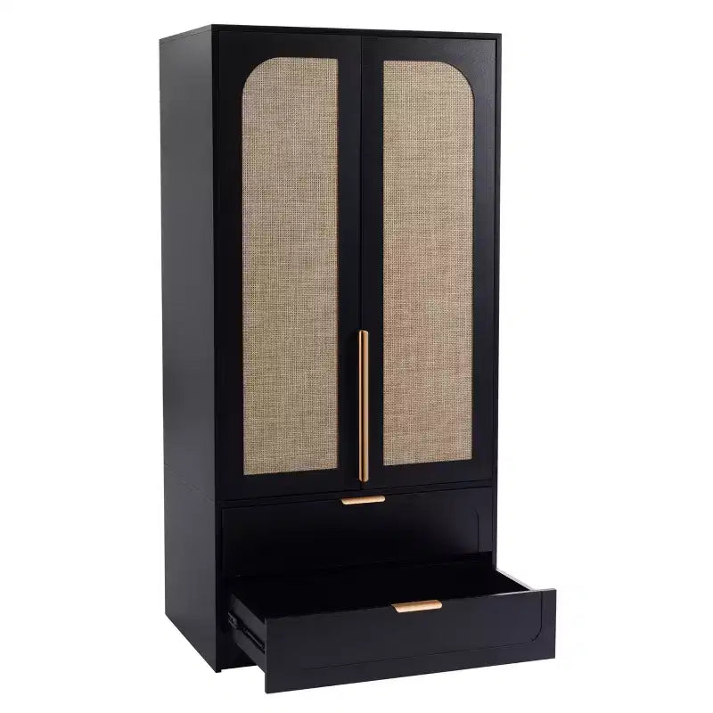 65" Black 2-Door Armoire Wardrobe with 2 Drawers, Rattan Accent & Magnetic Lock