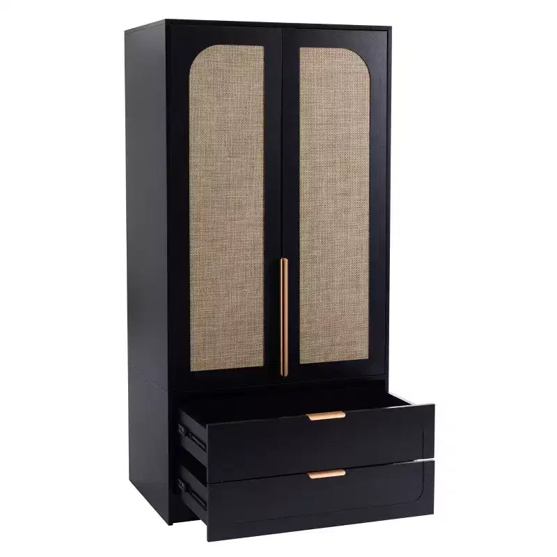 65" Black 2-Door Armoire Wardrobe with 2 Drawers, Rattan Accent & Magnetic Lock