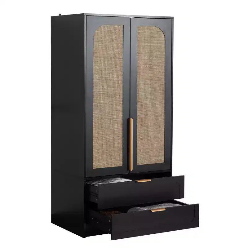 65" Black 2-Door Armoire Wardrobe with 2 Drawers, Rattan Accent & Magnetic Lock