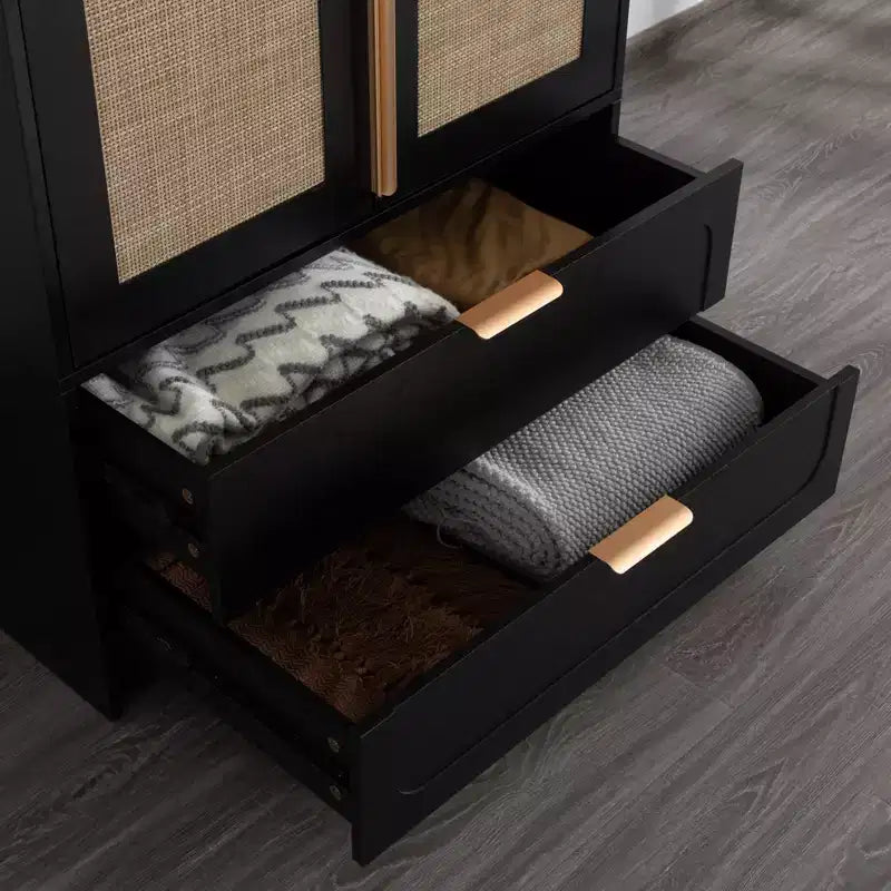 65" Black 2-Door Armoire Wardrobe with 2 Drawers, Rattan Accent & Magnetic Lock