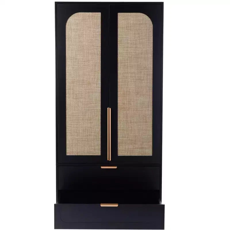 65" Black 2-Door Armoire Wardrobe with 2 Drawers, Rattan Accent & Magnetic Lock