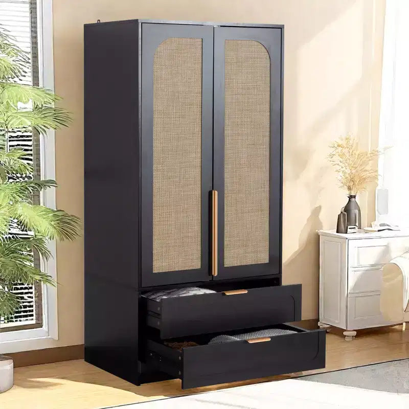 65" Black 2-Door Armoire Wardrobe with 2 Drawers, Rattan Accent & Magnetic Lock