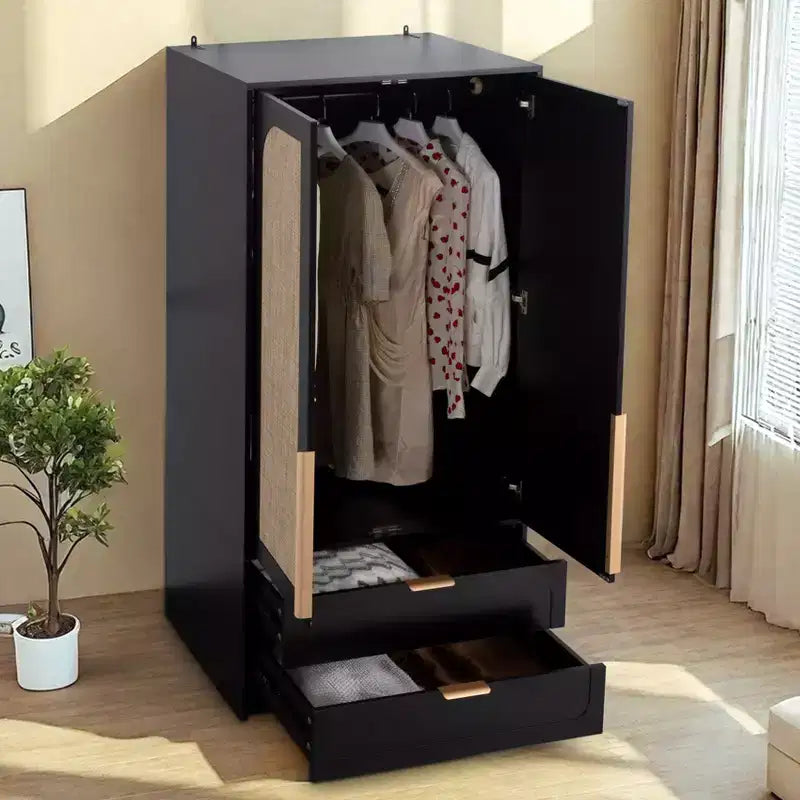 65" Black 2-Door Armoire Wardrobe with 2 Drawers, Rattan Accent & Magnetic Lock