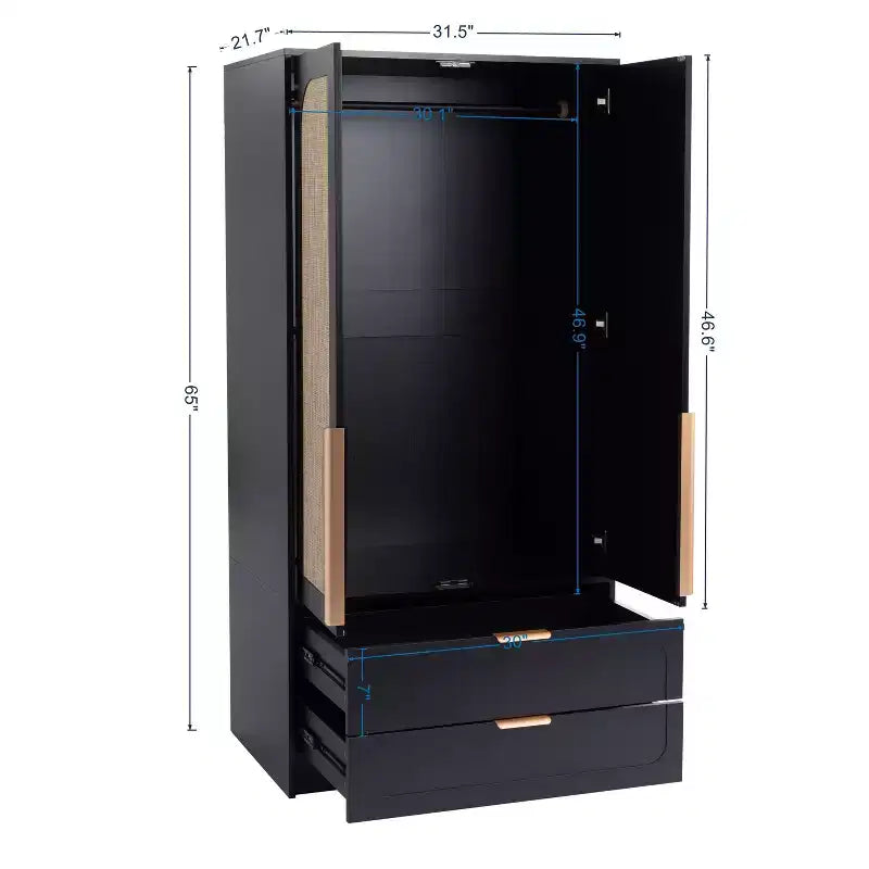 65" Black 2-Door Armoire Wardrobe with 2 Drawers, Rattan Accent & Magnetic Lock