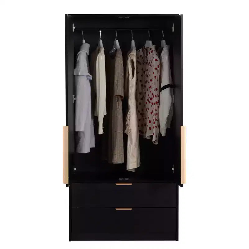 65" Black 2-Door Armoire Wardrobe with 2 Drawers, Rattan Accent & Magnetic Lock