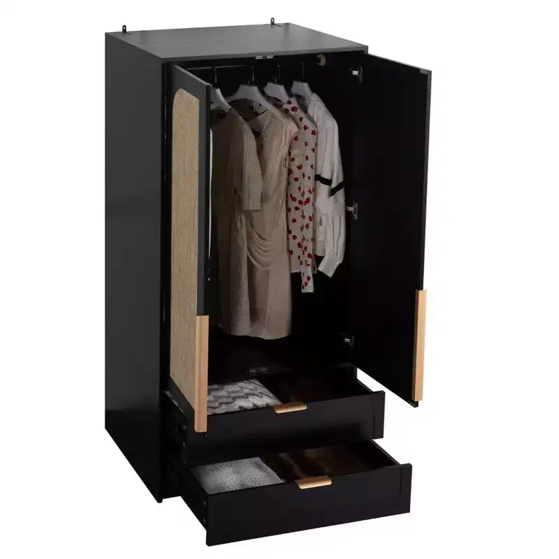 65" Black 2-Door Armoire Wardrobe with 2 Drawers, Rattan Accent & Magnetic Lock