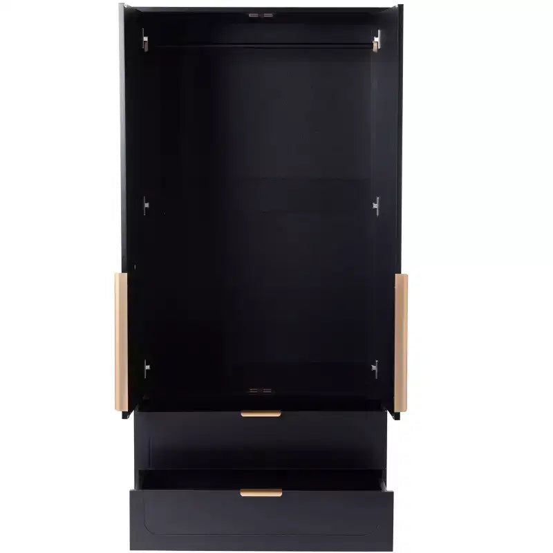 65" Black 2-Door Armoire Wardrobe with 2 Drawers, Rattan Accent & Magnetic Lock