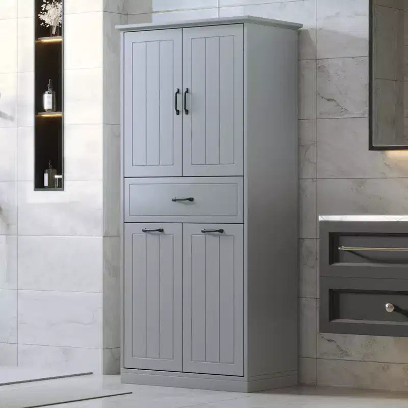Bathroom Storage Cabinet With 2 Laundry Baskets,Tall Anti-Tipping Tilt-Out Double Doors Hidden Laundry Hamper Cabinet With 2 Doors & 1 Drawer