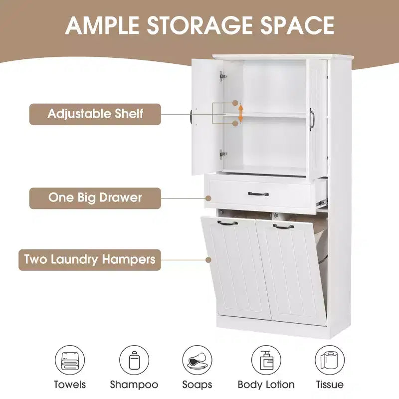 Bathroom Storage Cabinet With 2 Laundry Baskets,Tall Anti-Tipping Tilt-Out Double Doors Hidden Laundry Hamper Cabinet With 2 Doors & 1 Drawer