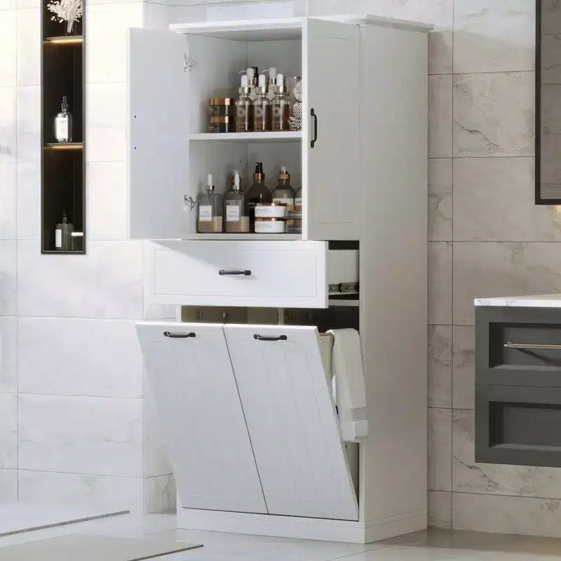 Bathroom Storage Cabinet With 2 Laundry Baskets,Tall Anti-Tipping Tilt-Out Double Doors Hidden Laundry Hamper Cabinet With 2 Doors & 1 Drawer