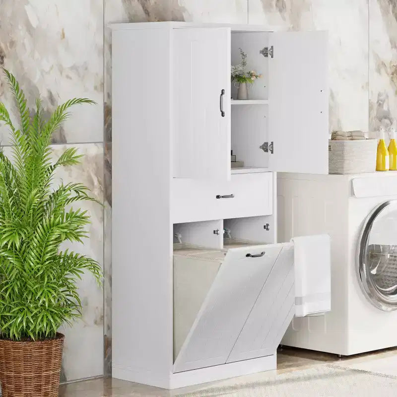 Bathroom Storage Cabinet With 2 Laundry Baskets,Tall Anti-Tipping Tilt-Out Double Doors Hidden Laundry Hamper Cabinet With 2 Doors & 1 Drawer