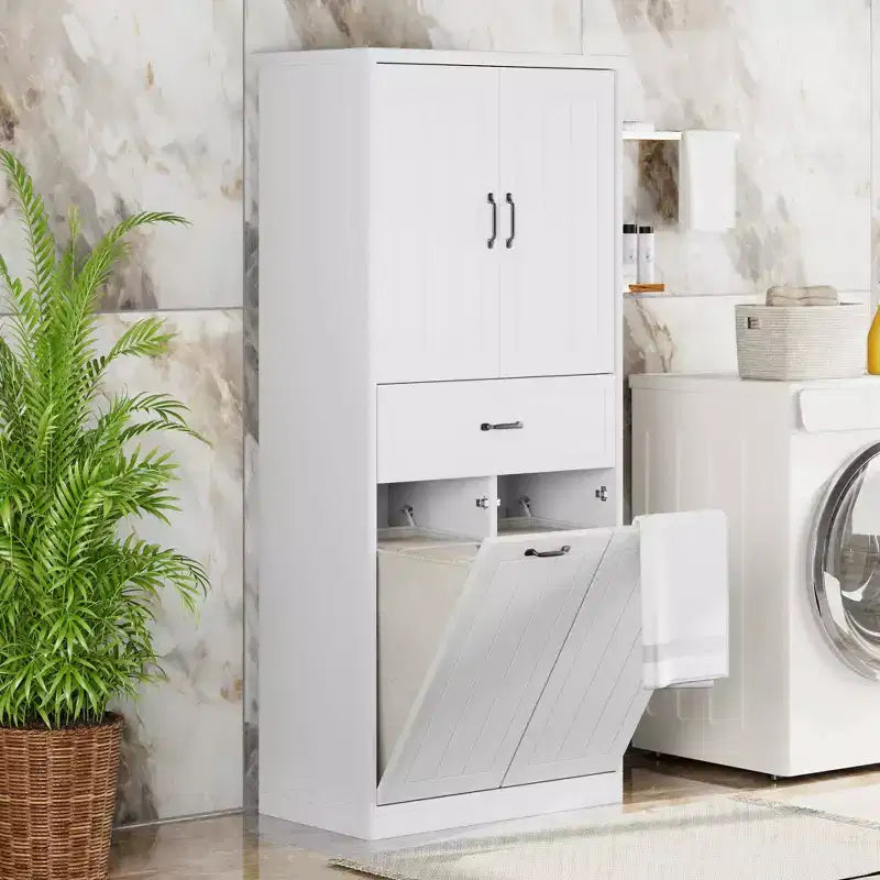 Bathroom Storage Cabinet With 2 Laundry Baskets,Tall Anti-Tipping Tilt-Out Double Doors Hidden Laundry Hamper Cabinet With 2 Doors & 1 Drawer