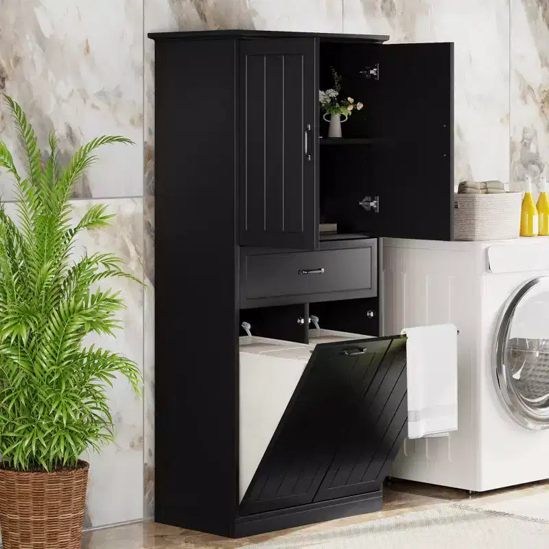 Bathroom Storage Cabinet With 2 Laundry Baskets,Tall Anti-Tipping Tilt-Out Double Doors Hidden Laundry Hamper Cabinet With 2 Doors & 1 Drawer