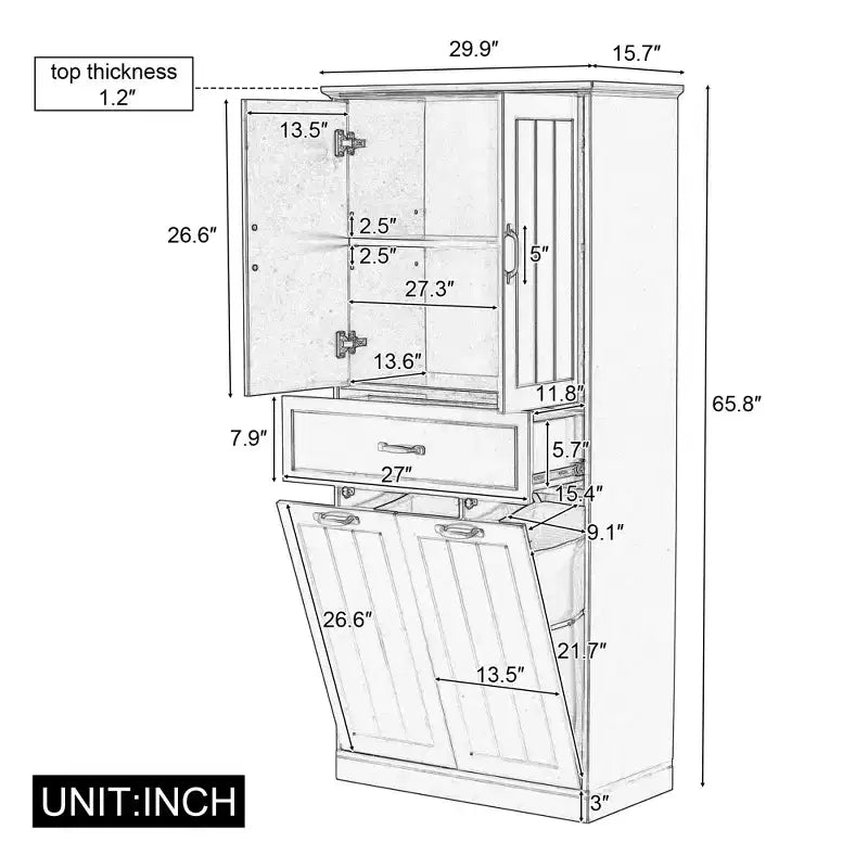 Bathroom Storage Cabinet With 2 Laundry Baskets,Tall Anti-Tipping Tilt-Out Double Doors Hidden Laundry Hamper Cabinet With 2 Doors & 1 Drawer