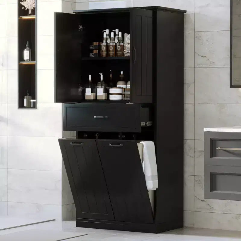 Bathroom Storage Cabinet With 2 Laundry Baskets,Tall Anti-Tipping Tilt-Out Double Doors Hidden Laundry Hamper Cabinet With 2 Doors & 1 Drawer