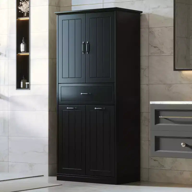 Bathroom Storage Cabinet With 2 Laundry Baskets,Tall Anti-Tipping Tilt-Out Double Doors Hidden Laundry Hamper Cabinet With 2 Doors & 1 Drawer