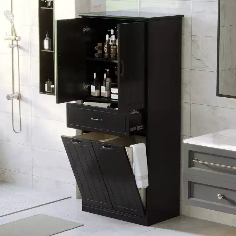 Bathroom Storage Cabinet With 2 Laundry Baskets,Tall Anti-Tipping Tilt-Out Double Doors Hidden Laundry Hamper Cabinet With 2 Doors & 1 Drawer