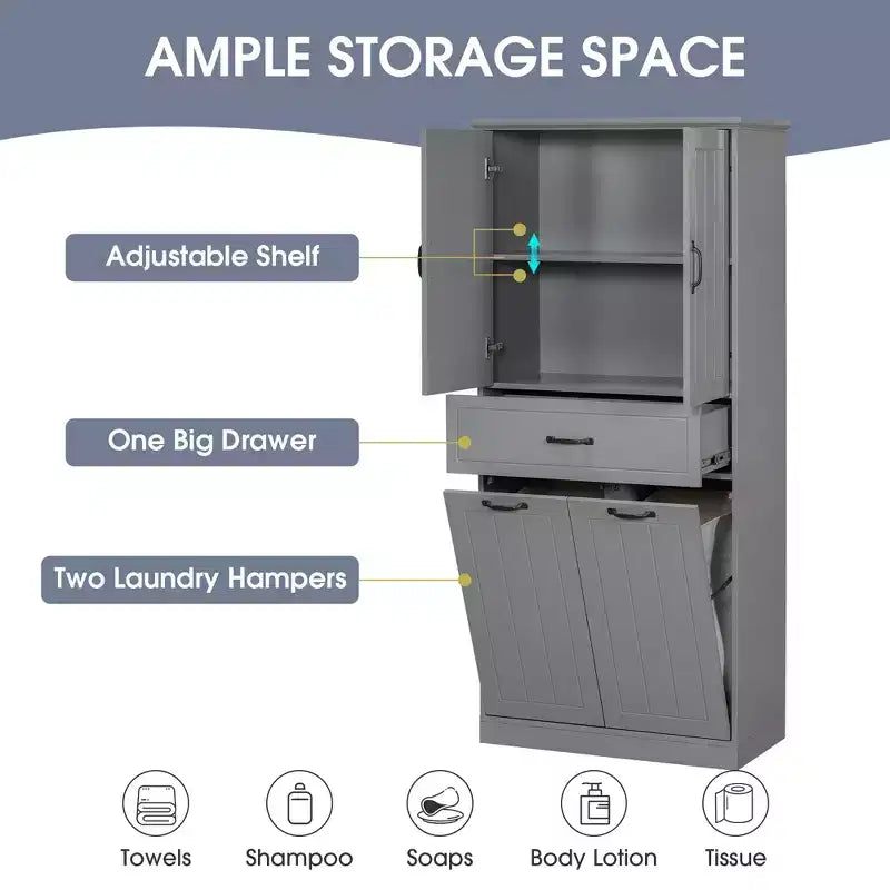 Bathroom Storage Cabinet With 2 Laundry Baskets,Tall Anti-Tipping Tilt-Out Double Doors Hidden Laundry Hamper Cabinet With 2 Doors & 1 Drawer