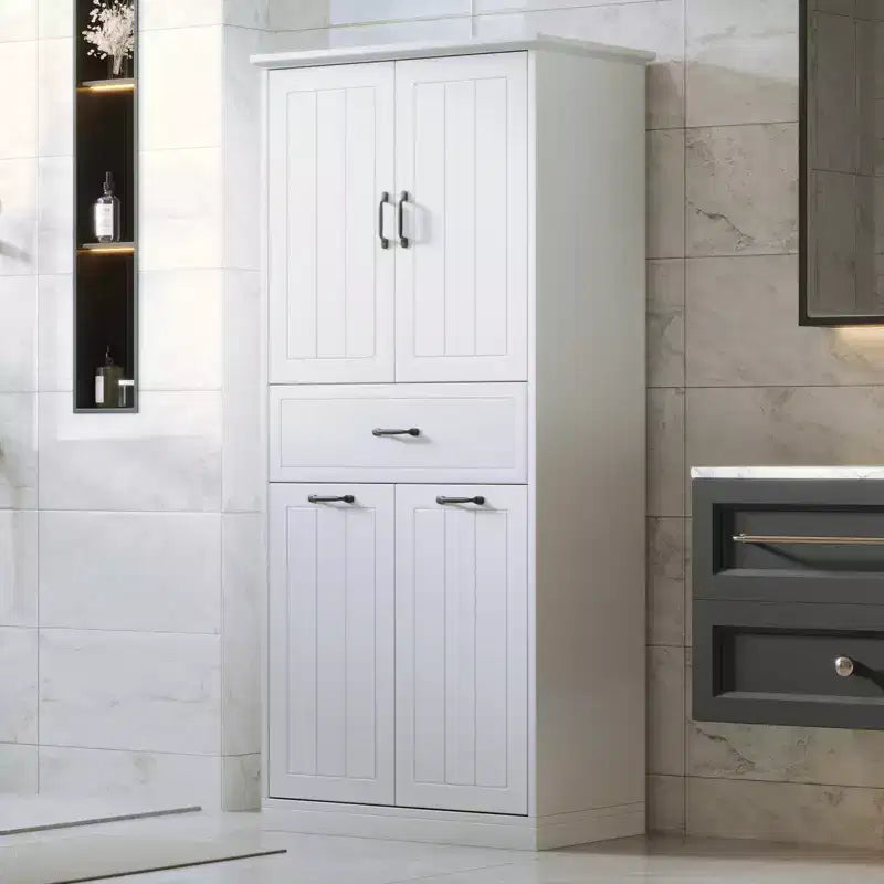 Bathroom Storage Cabinet With 2 Laundry Baskets,Tall Anti-Tipping Tilt-Out Double Doors Hidden Laundry Hamper Cabinet With 2 Doors & 1 Drawer