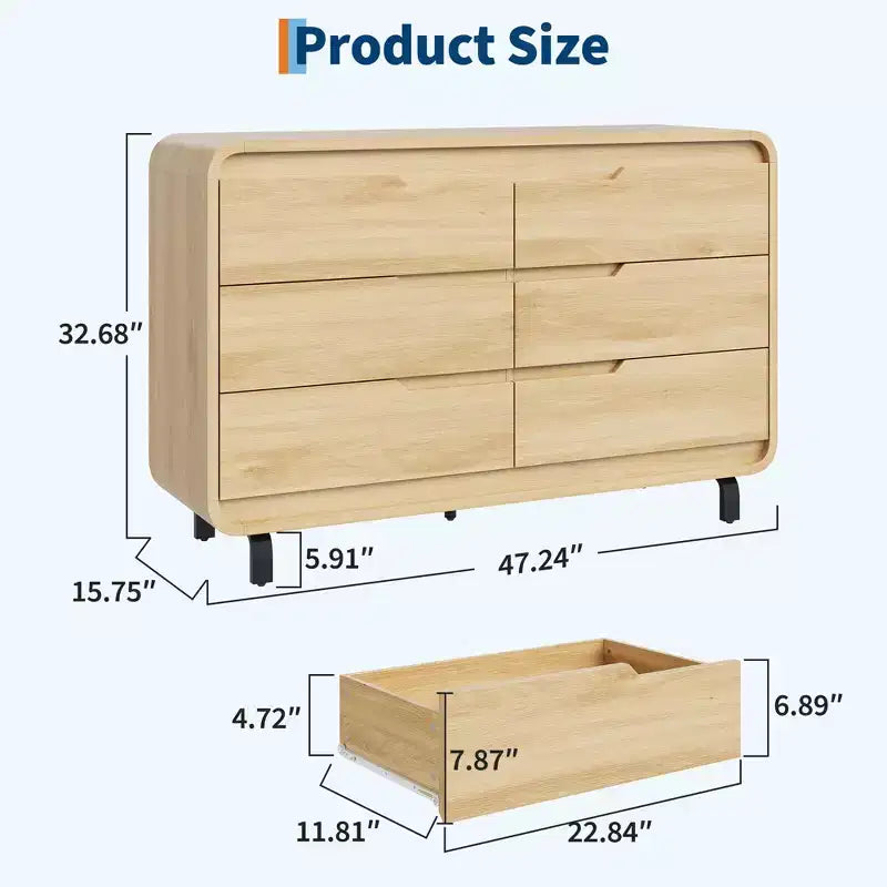 6 Drawers Dresser for Bedroom, 47 Wide Modern Wooden Clothes Dresser with Large Wood Storage, Chest of Drawers