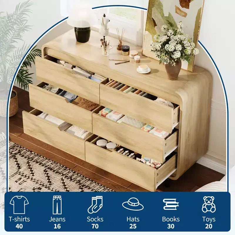 6 Drawers Dresser for Bedroom, 47 Wide Modern Wooden Clothes Dresser with Large Wood Storage, Chest of Drawers