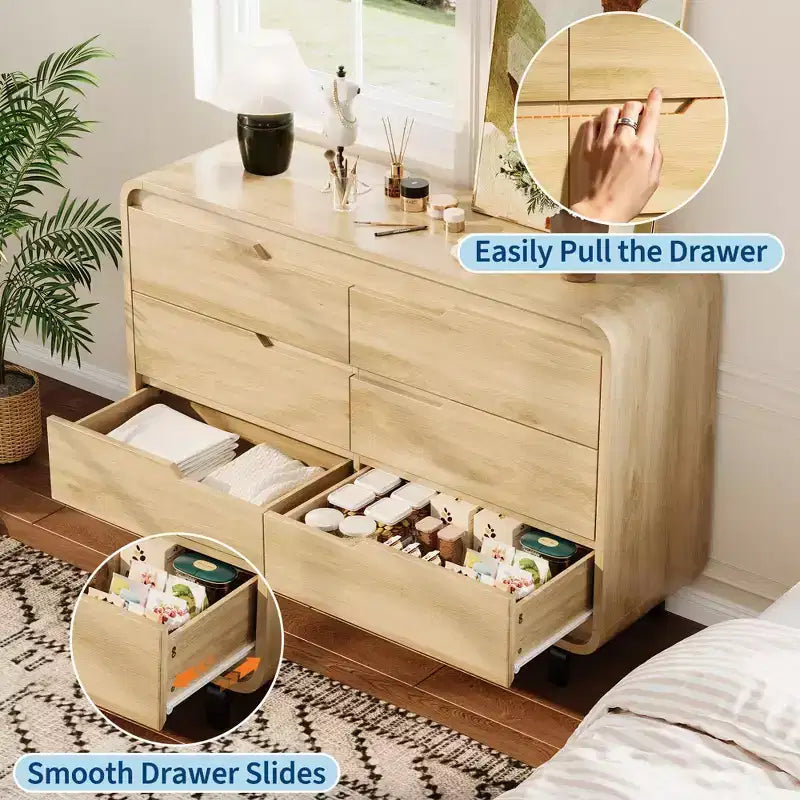 6 Drawers Dresser for Bedroom, 47 Wide Modern Wooden Clothes Dresser with Large Wood Storage, Chest of Drawers