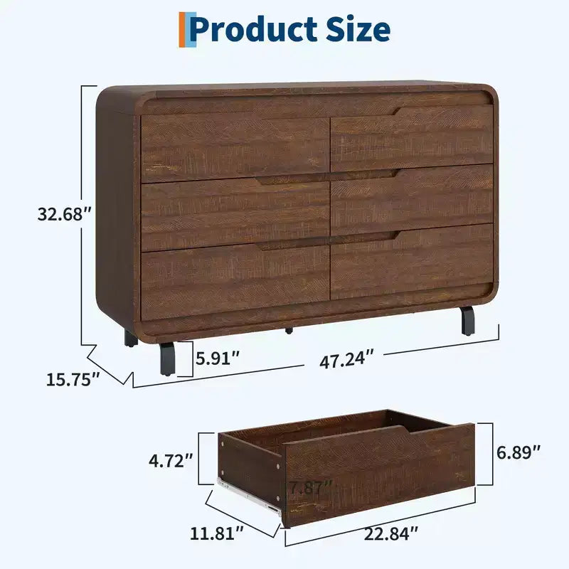 6 Drawers Dresser for Bedroom, 47 Wide Modern Wooden Clothes Dresser with Large Wood Storage, Chest of Drawers