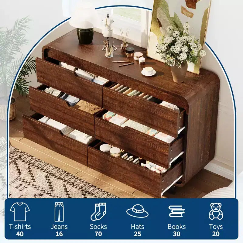 6 Drawers Dresser for Bedroom, 47 Wide Modern Wooden Clothes Dresser with Large Wood Storage, Chest of Drawers