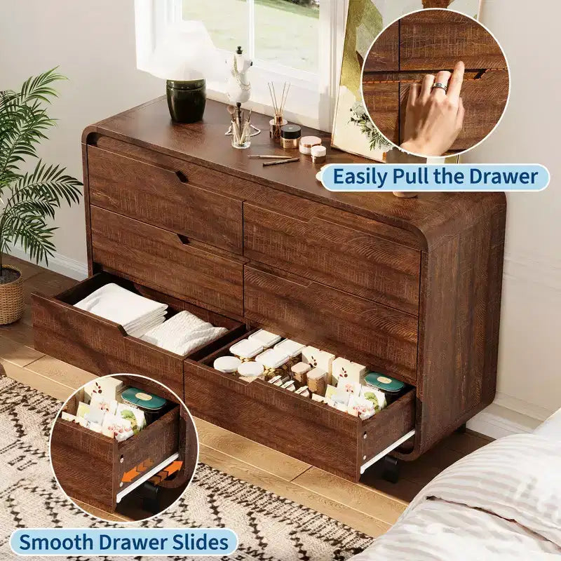 6 Drawers Dresser for Bedroom, 47 Wide Modern Wooden Clothes Dresser with Large Wood Storage, Chest of Drawers